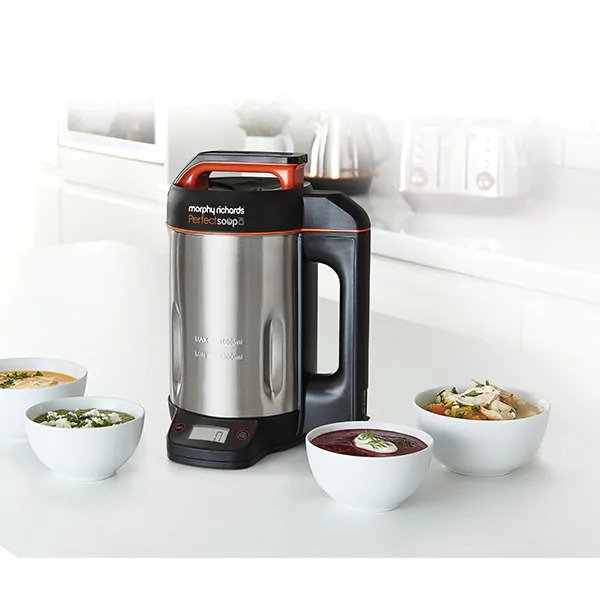 Aparat preparat supa crema Morphy Richards 501025 Perfect Soup Maker, 1000 W , 1,6 litri, 4 functii, cantar integrat, Negru/Argintiu