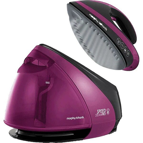 Statie de calcat Morphy Richards Power Speed Steam Pro 332102, 3000W, 7 bar, 1.6 l, Talpa Ceramica, 140g/min, 600 g debit de abur continuu, Mov/Negru