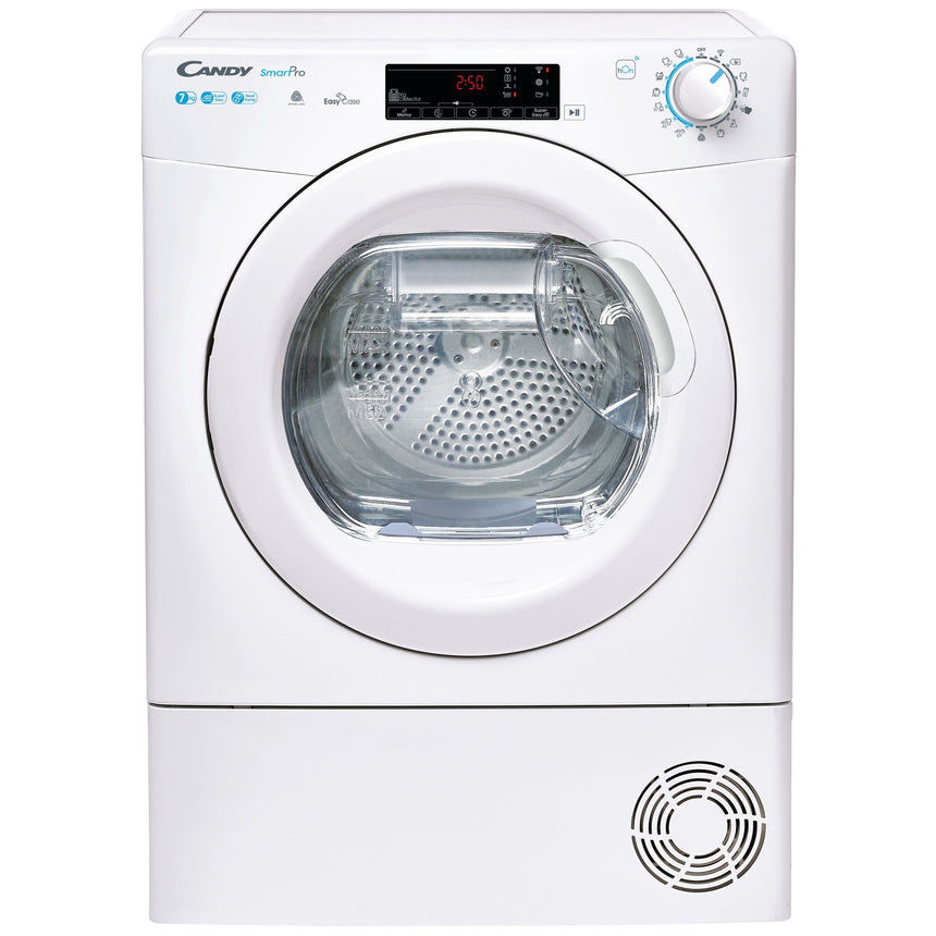 Uscator de rufe Candy Smart Pro CSOE H7A2TE-S, Pompa de caldura, 7 kg, Clasa E, WiFi, Easy case, Senzor uscare, Antisifonare, Alb