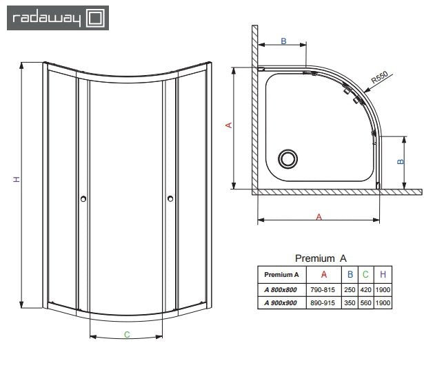Cabina de dus semirotunda Radaway Premium Plus A 1900, 100x100x190 cm, sticla securizata grafit, profil crom