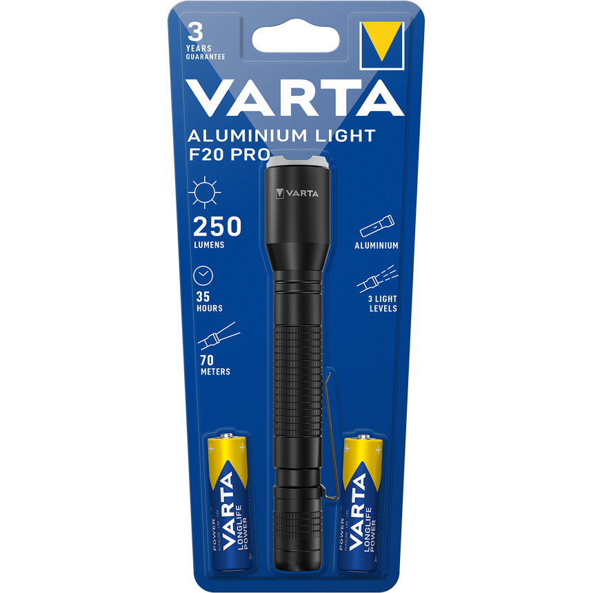 Lanterna LED Varta Aluminium Light F20 Pro, 250 lm, 2xAA, Aluminiu, Negru
