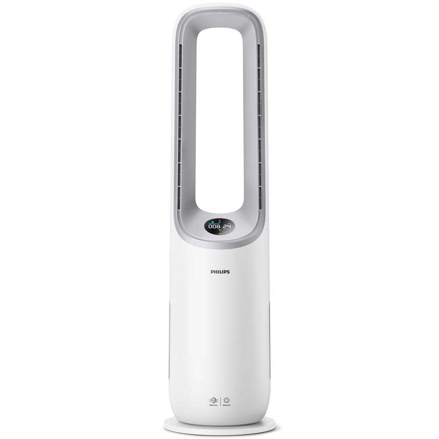 Purificator de aer si ventilator 2-in-1 Philips AMF765/10, CADR 270 mc/h, filtru HEPA si carbon activ, AeraSense, 10 setari de turatie, Conectat la aplicatia Air+, AI , Mod nocturn, Alb