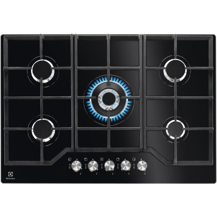 Plita incorporabila Electrolux KGG7536K, Gaz, 5 arzatoare, Arzator Wok, Aprindere electrica, Dispozitiv siguranta, Gratare fonta, 75 cm, Sticla neagra