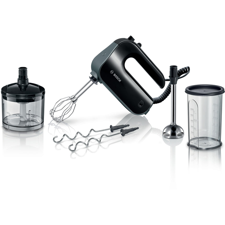 Mixer de mana Bosch MFQ4980B, 850 W, 5 trepte de putere + functie turbo, Chopper, Vas gradat, 2 teluri din otel inoxidabil, 2 spirale din otel inoxidabil, Negru