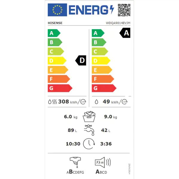 Masina de Spalat Rufe Frontala cu Uscator HISENSE WDQA9014EVJM, 9/6 kg, 1400rpm, Clasa A/D, Alb