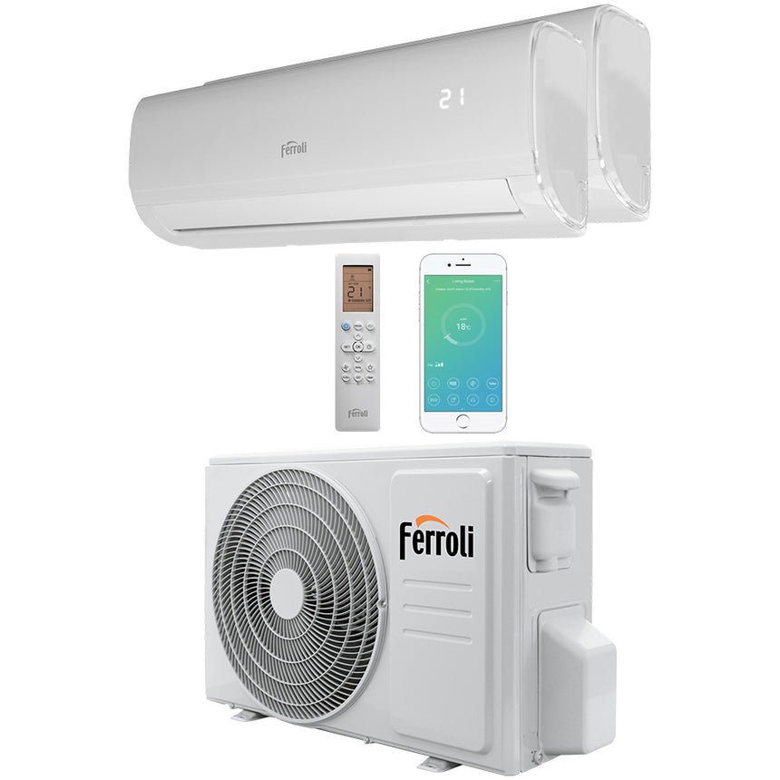 Aparat de aer conditionat multisplit Ferroli Giada 2 x 9000 BTU Wi-Fi, Clasa A++/A, functie incalzire, Super Ioniser, 4 filtre de aer, 2CP001PF-C, alb