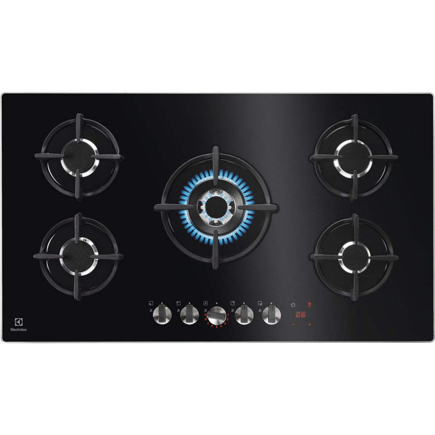Plita incorporabila Electrolux KGG95375K, Gaz, 5 arzatoare, Arzator Wok, Conectivitate hota, Timer, Aprindere electrica, Gratare de fonta, 90 cm, Negru