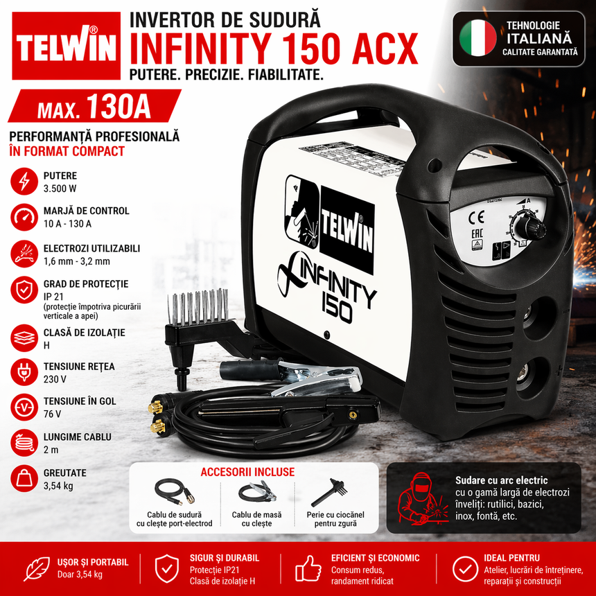 Invertor Sudură Telwin Infinity 150 ACX 130A, Profesional, Compact, Accesorii Incluse, Alb-Negru