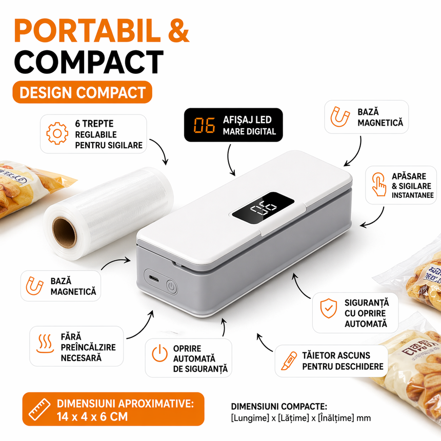 Aparat de Sigilare Pungi Portabil, Reîncărcabil, Mini Sealer Termic pentru Ambalare Alimente, Alb
