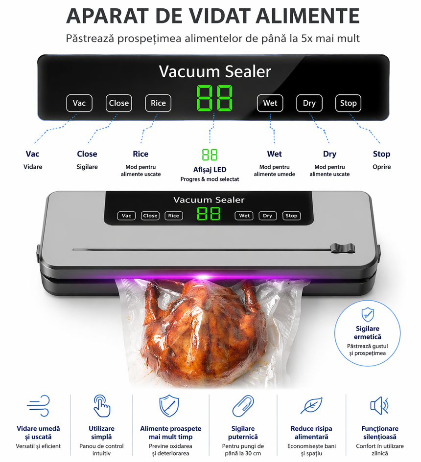 Aparat de Vidat Alimente Vacuum Sealer, 120 W, Functie Uscat/Umed, Cutter Integrat, Tehnologie UV, Argintiu
